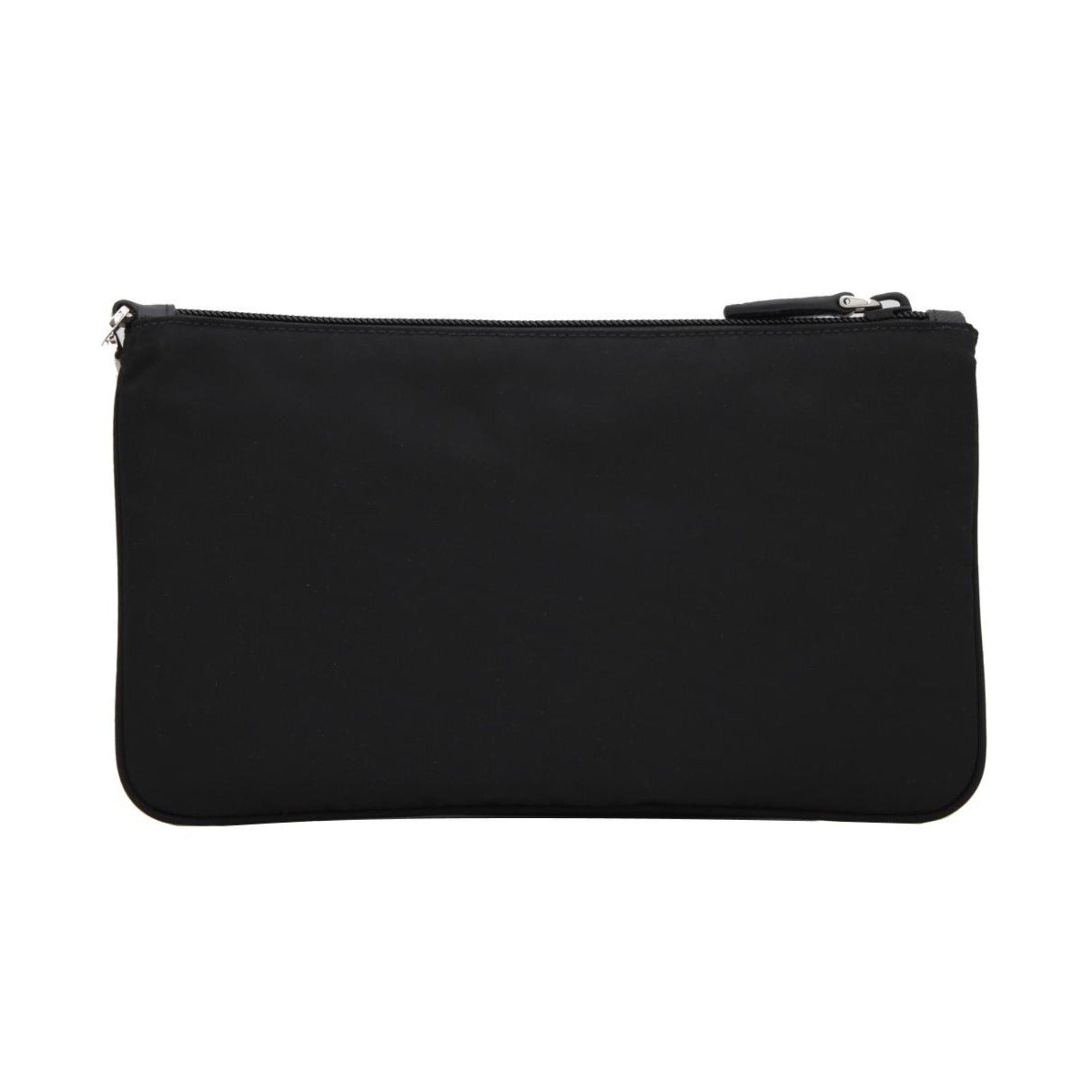 Prada Black Tessuto Nylon Pouch Prada Triangle Logo Wristlet Clutch Bag available at Queen Bee of Beverly Hills