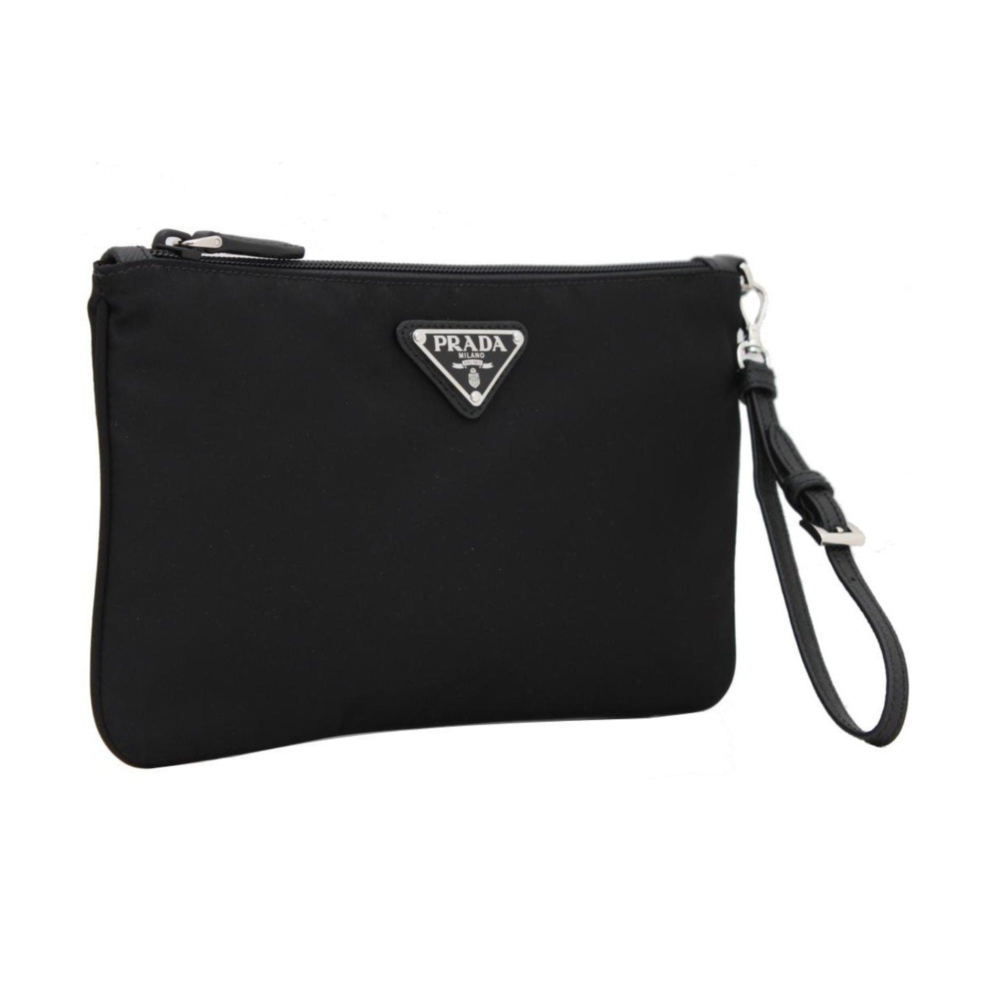 Prada Black Tessuto Nylon Pouch Prada Triangle Logo Wristlet Clutch Bag available at Queen Bee of Beverly Hills