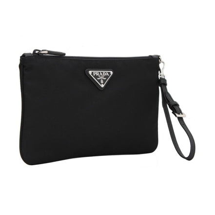 Prada Black Tessuto Nylon Pouch Prada Triangle Logo Wristlet Clutch Bag available at Queen Bee of Beverly Hills