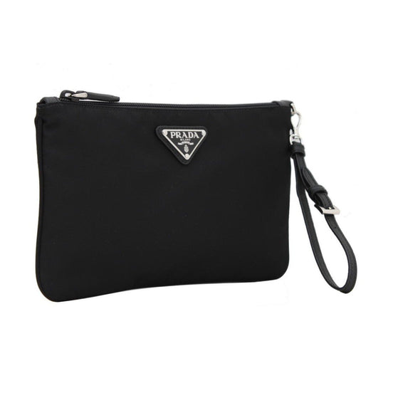 Prada Black Tessuto Nylon Pouch Prada Triangle Logo Wristlet Clutch Bag available at Queen Bee of Beverly Hills