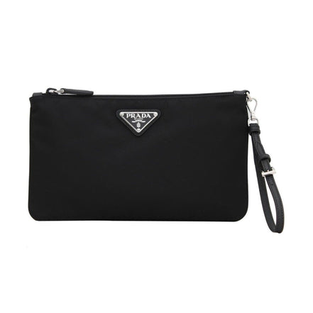 Prada Black Tessuto Nylon Pouch Prada Triangle Logo Wristlet Clutch Bag available at Queen Bee of Beverly Hills