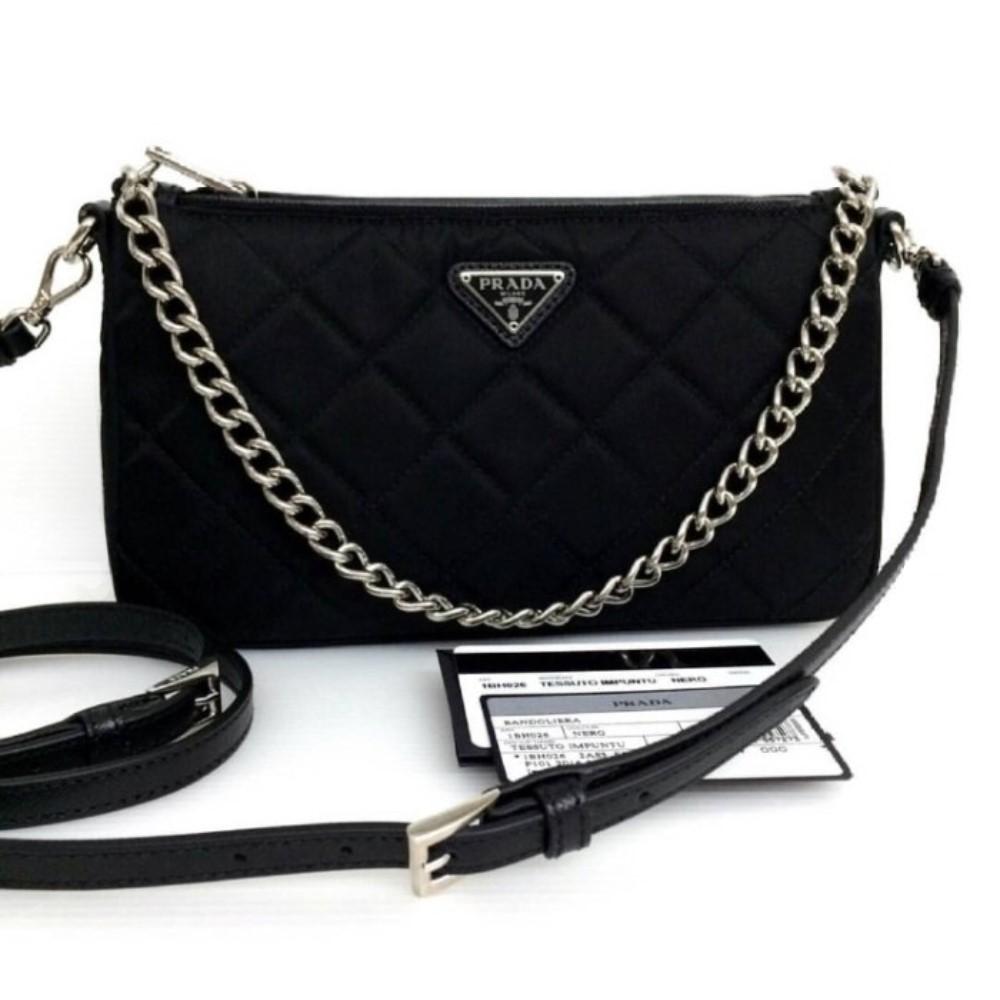 Prada Black Tessuto Nylon Quilted Chain Crossbody Bag available at Queen Bee of Beverly Hills