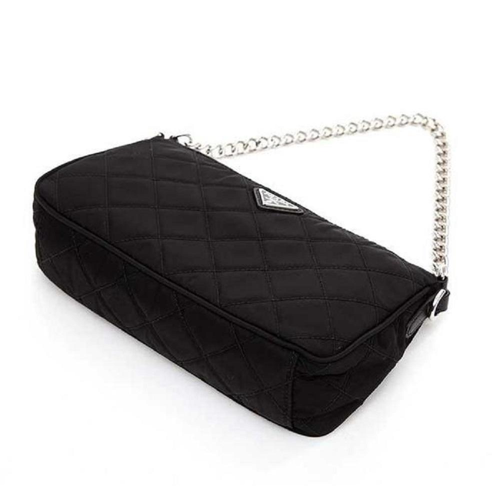 Prada Black Tessuto Nylon Quilted Chain Crossbody Bag available at Queen Bee of Beverly Hills