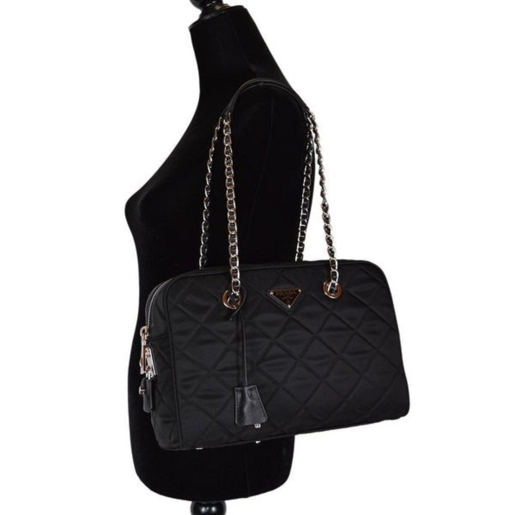 Prada Black Tessuto Nylon Quilted Shoulder Handbag 1BB903 at_Queen_Bee_of_Beverly_Hills