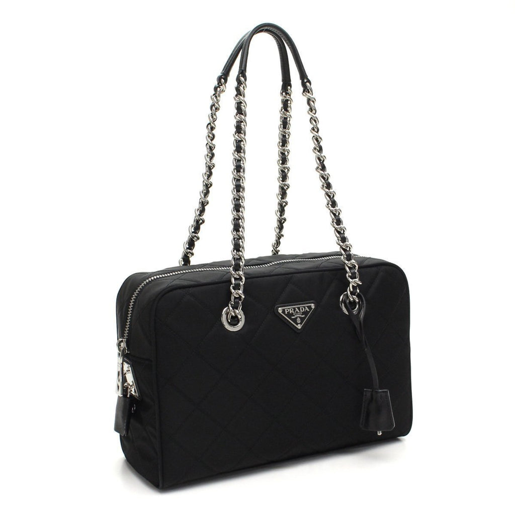 PRADA Nylon & Leather Chain Shoulder Bag Black