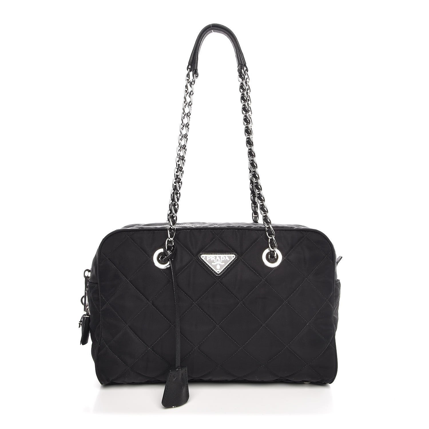 Prada Black Tessuto Nylon Quilted Small Shoulder Handbag 1BB072 available at Queen Bee of Beverly Hills