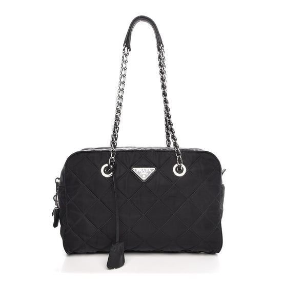 Prada Black Tessuto Nylon Quilted Small Shoulder Handbag 1BB072 available at Queen Bee of Beverly Hills