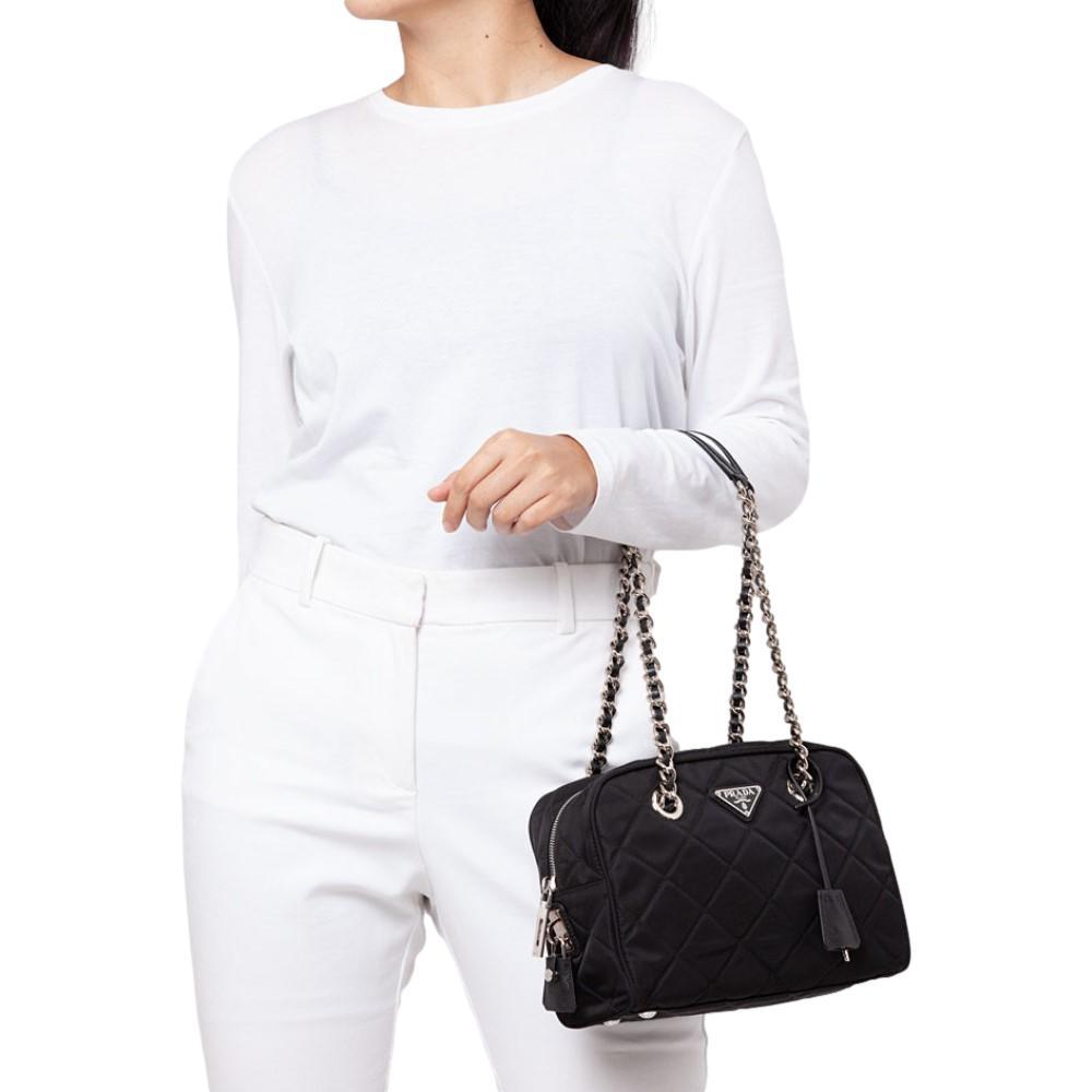 Prada Black Tessuto Nylon Quilted Small Shoulder Handbag 1BB072 available at Queen Bee of Beverly Hills