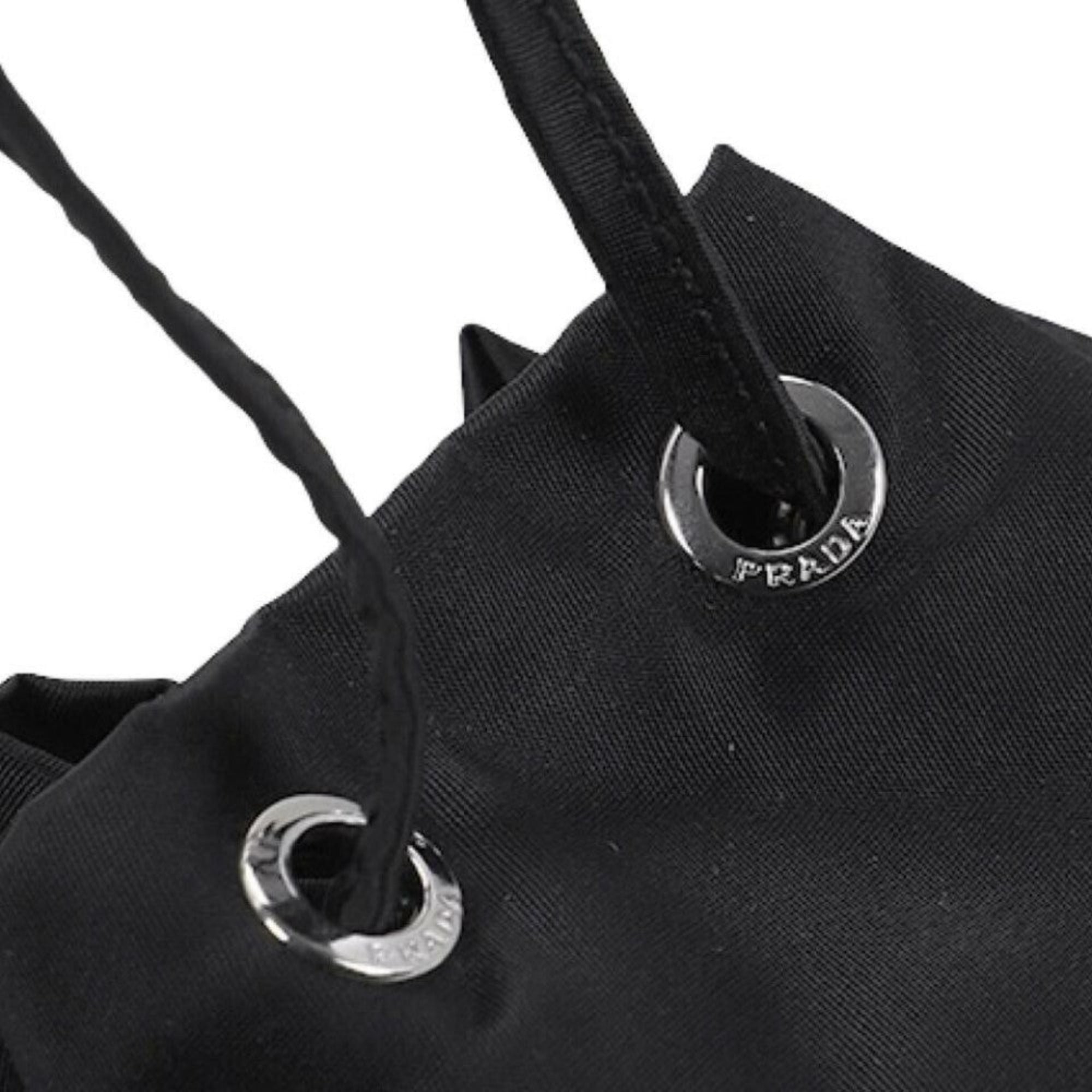 Prada Black Tessuto Nylon Triangle Logo Drawstring Bucket Bag available at Queen Bee of Beverly Hills