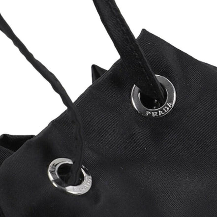 Prada Black Tessuto Nylon Triangle Logo Drawstring Bucket Bag available at Queen Bee of Beverly Hills