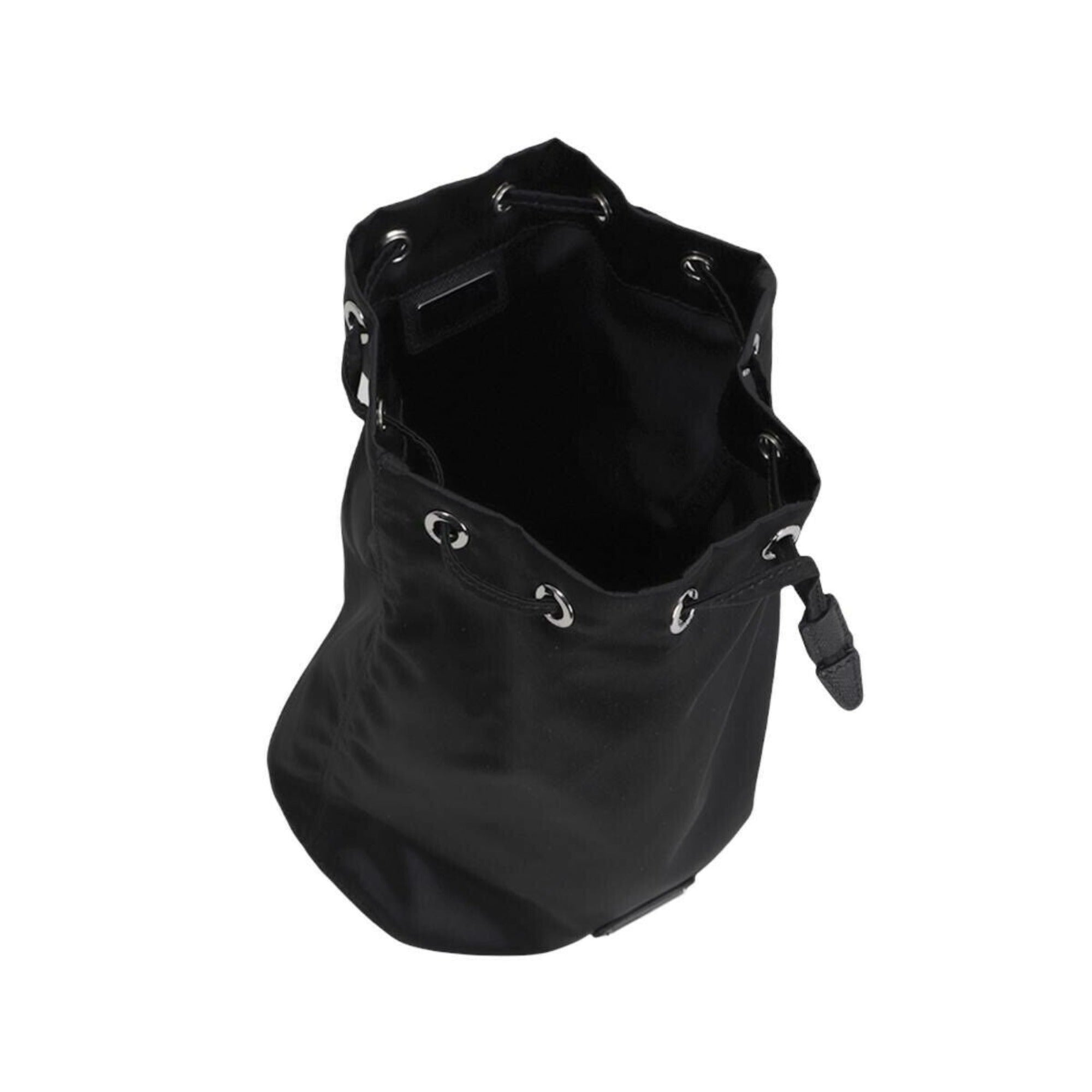 Prada Black Tessuto Nylon Triangle Logo Drawstring Bucket Bag available at Queen Bee of Beverly Hills