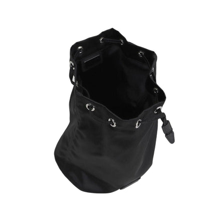 Prada Black Tessuto Nylon Triangle Logo Drawstring Bucket Bag available at Queen Bee of Beverly Hills