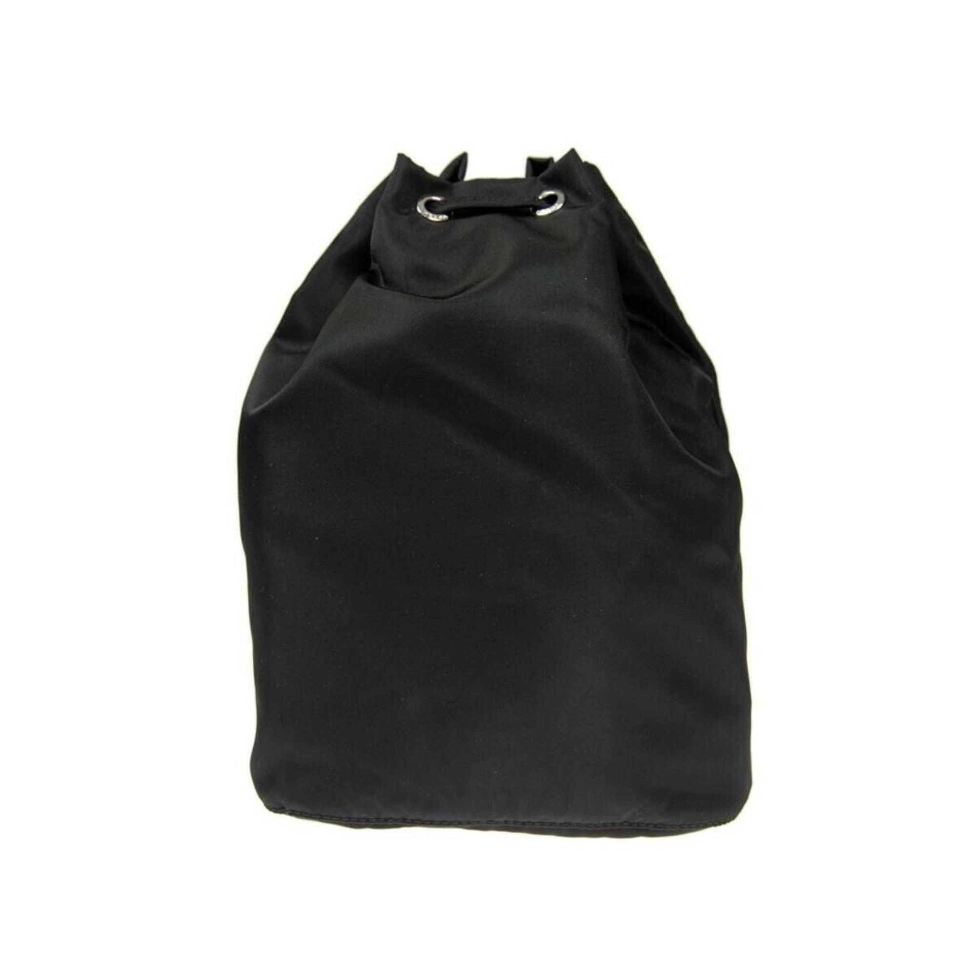 Prada Black Tessuto Nylon Triangle Logo Drawstring Bucket Bag available at Queen Bee of Beverly Hills