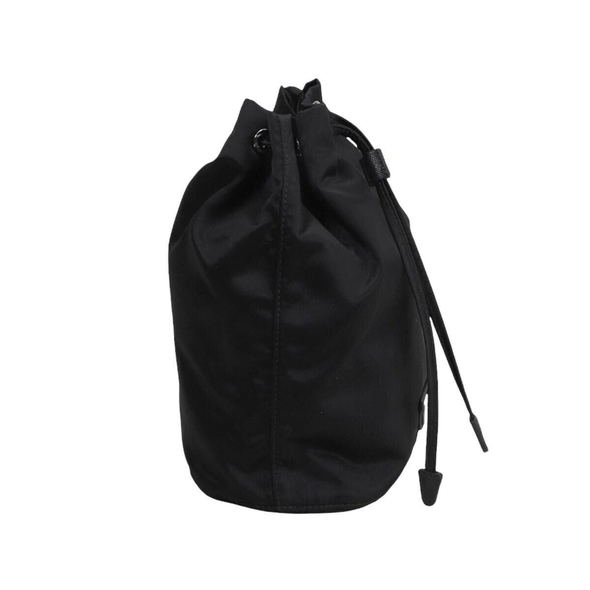 Prada Black Tessuto Nylon Triangle Logo Drawstring Bucket Bag available at Queen Bee of Beverly Hills