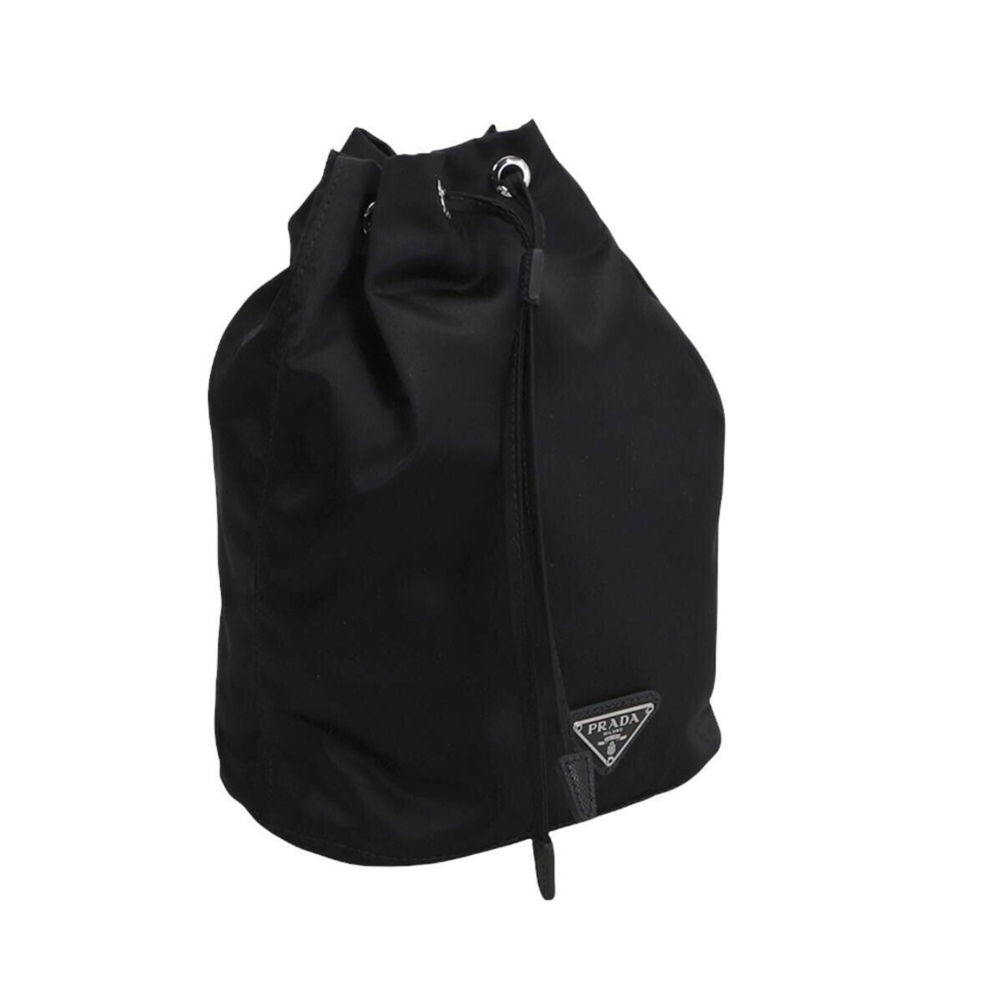 Prada Black Tessuto Nylon Triangle Logo Drawstring Bucket Bag available at Queen Bee of Beverly Hills