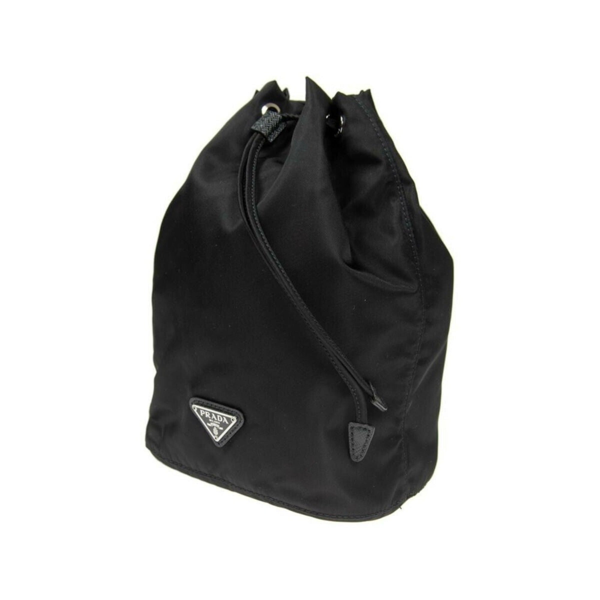 Prada Black Tessuto Nylon Triangle Logo Drawstring Bucket Bag available at Queen Bee of Beverly Hills