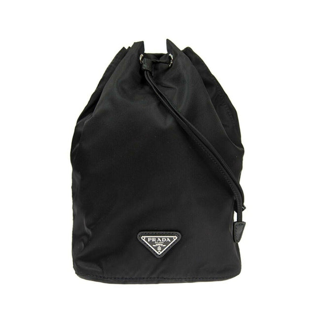Prada Black Tessuto Nylon Triangle Logo Drawstring Bucket Bag available at Queen Bee of Beverly Hills