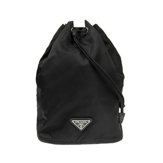 Prada Black Tessuto Nylon Triangle Logo Drawstring Bucket Bag available at Queen Bee of Beverly Hills