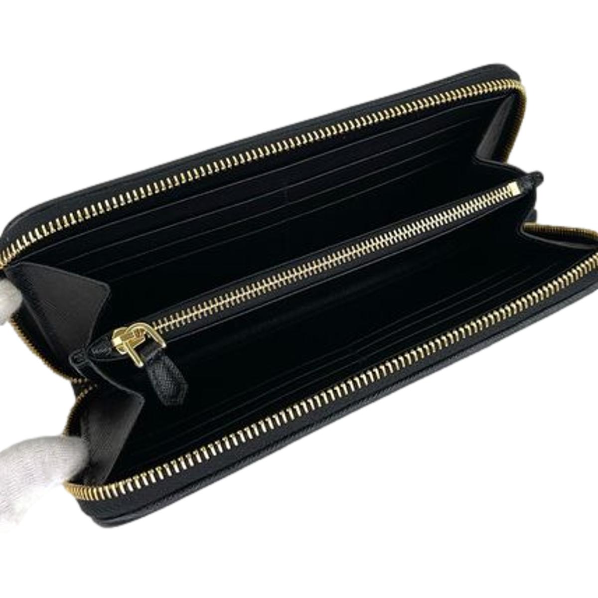 Prada Black Tessuto Nylon Zip Around Wallet Gold Triangle Logo available at Queen Bee of Beverly Hills