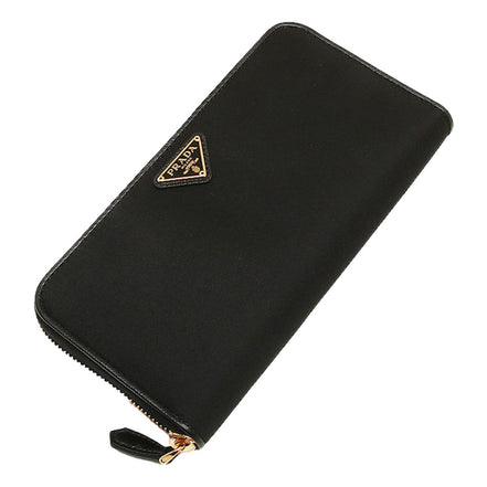 Prada Black Tessuto Nylon Zip Around Wallet Gold Triangle Logo available at Queen Bee of Beverly Hills