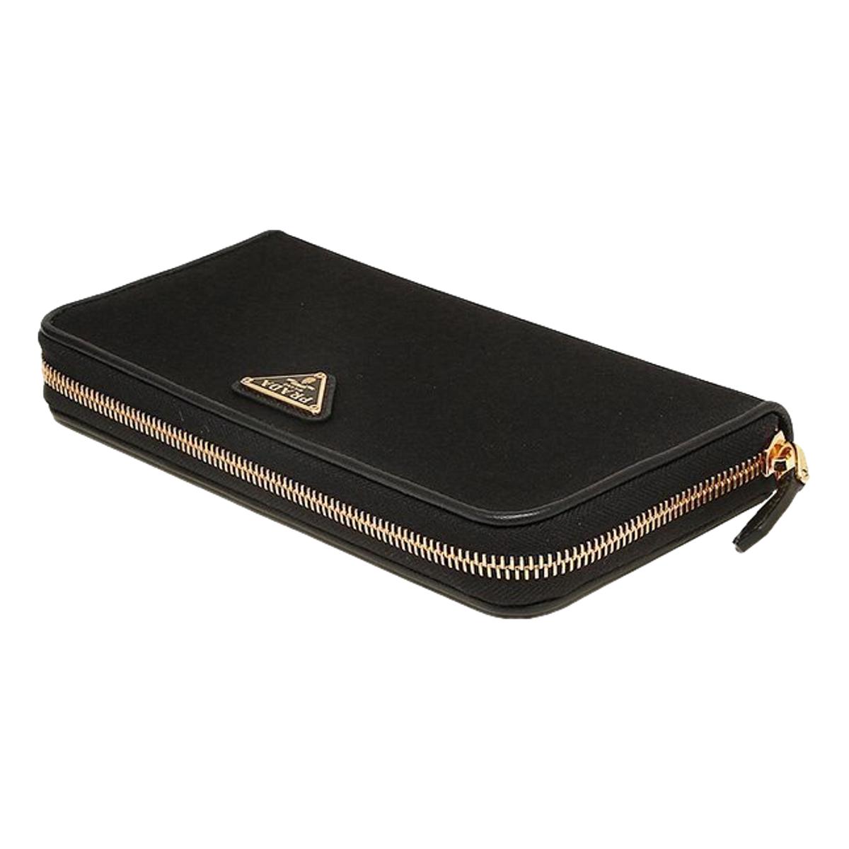 Prada Black Tessuto Nylon Zip Around Wallet Gold Triangle Logo available at Queen Bee of Beverly Hills
