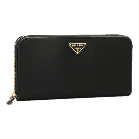 Prada Black Tessuto Nylon Zip Around Wallet Gold Triangle Logo available at Queen Bee of Beverly Hills