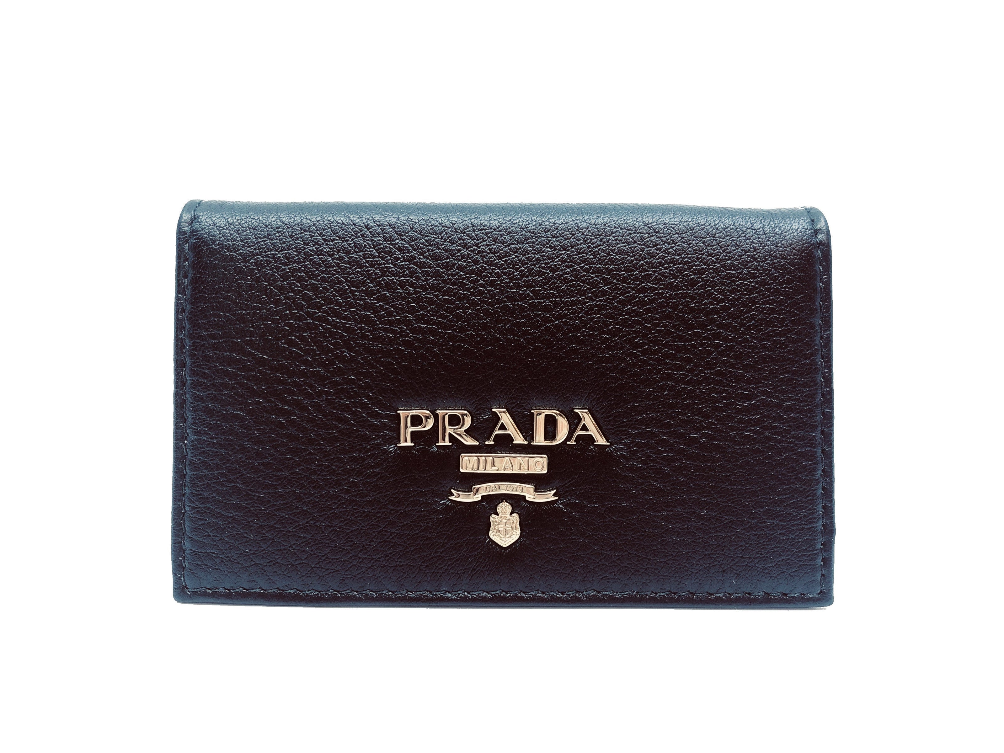 Prada Black Vitello Grain Soft Calf Leather Credit Card Case Wallet available at Queen Bee of Beverly Hills