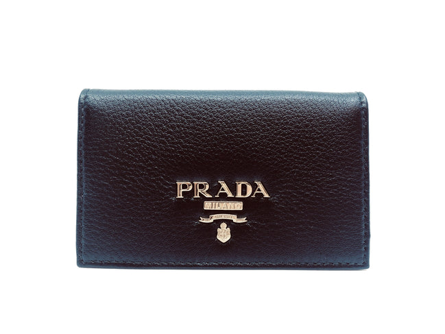 Prada Black Vitello Grain Soft Calf Leather Credit Card Case Wallet available at Queen Bee of Beverly Hills
