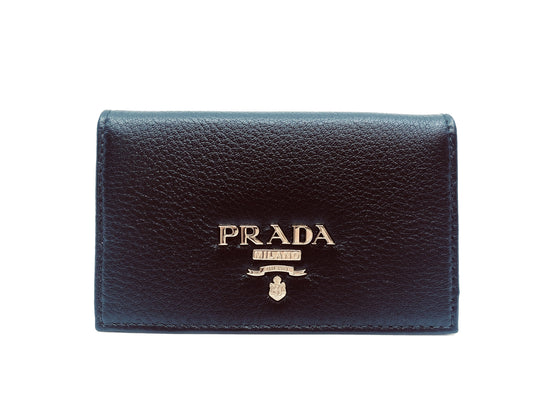Prada Black Vitello Grain Soft Calf Leather Credit Card Case Wallet available at Queen Bee of Beverly Hills