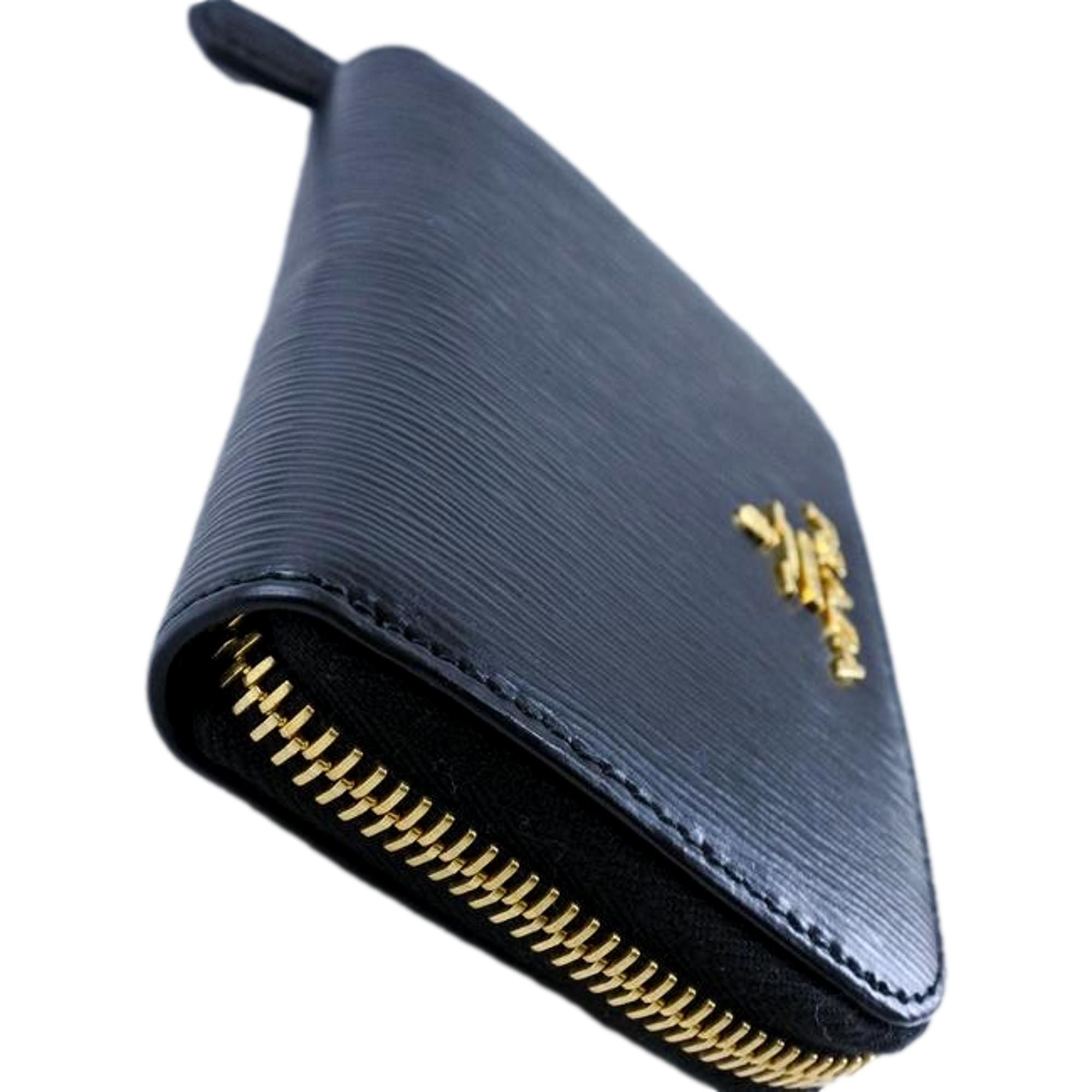 Prada Black Vitello Leather Gold Zip Coin Purse Wallet available at Queen Bee of Beverly Hills