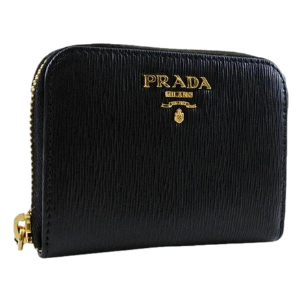 Prada Black Vitello Leather Gold Zip Coin Purse Wallet available at Queen Bee of Beverly Hills