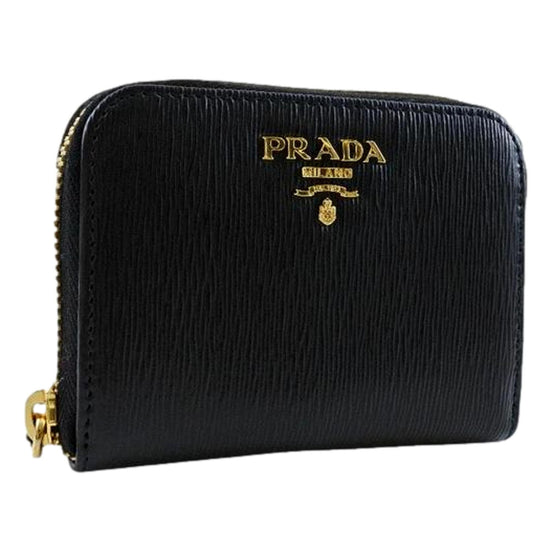 Prada Black Vitello Leather Gold Zip Coin Purse Wallet available at Queen Bee of Beverly Hills