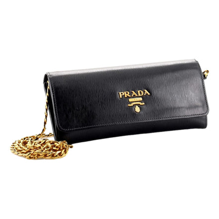 Prada Black Vitello Move Leather Chain Crossbody Wallet Clutch available at Queen Bee of Beverly Hills