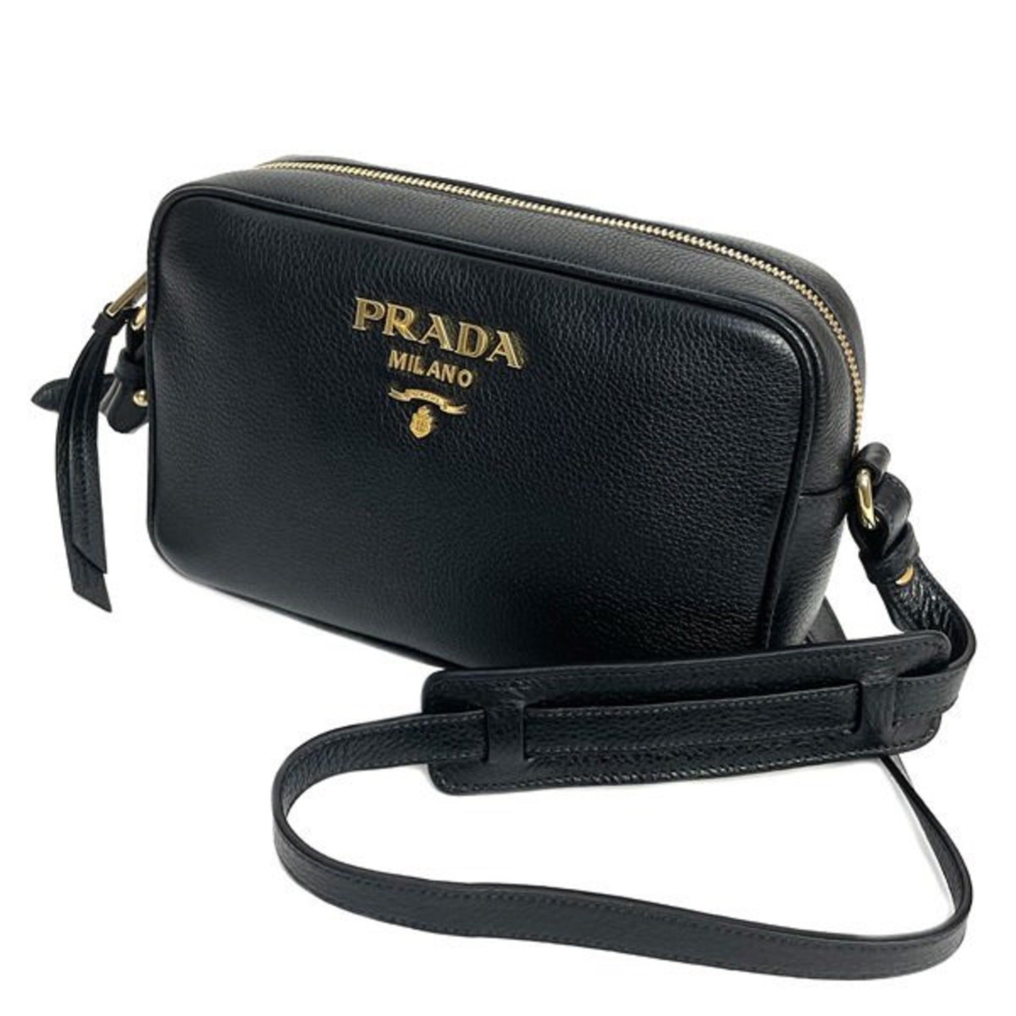Prada Black Vitello Phenix Leather Shoulder Camera Bag 1BH103 at_Queen_Bee_of_Beverly_Hills