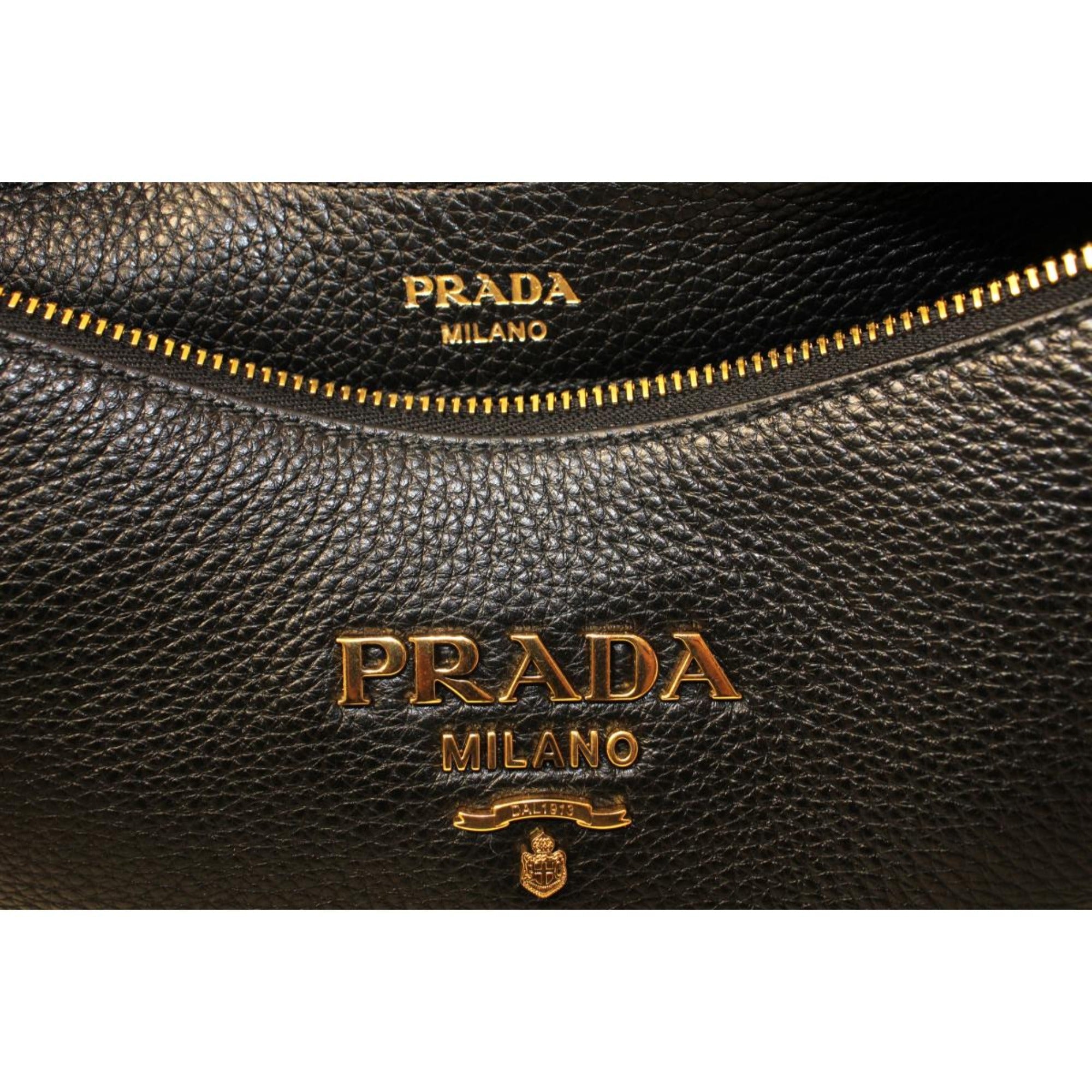 Prada Black Vitello Phenix Leather Web Stripe Strap Crossbody available at Queen Bee of Beverly Hills