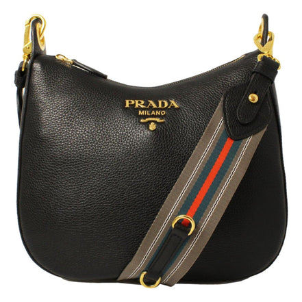 Prada Black Vitello Phenix Leather Web Stripe Strap Crossbody available at Queen Bee of Beverly Hills