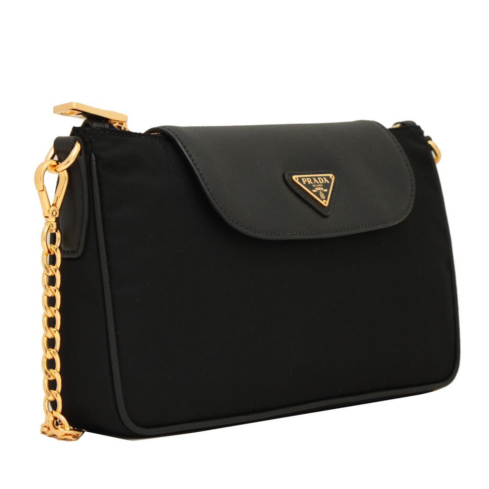 Prada Tessuto Nylon Saffiano Trim Chain Black Cross Body Bag 