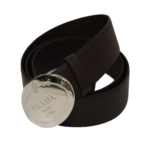 Prada Brown Saffiano Leather Belt with Silver Prada Belt Buckle 2CM046 Size 95 / 38 at_Queen_Bee_of_Beverly_Hills