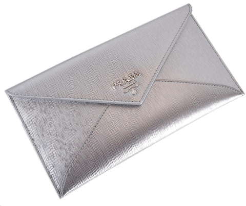 Prada Busta Con Pattina Cromo Silver Vitello Move Leather Envelope Wallet 1MF175 at_Queen_Bee_of_Beverly_Hills