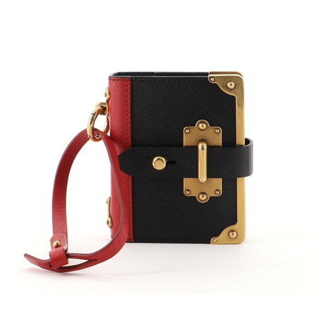 Prada Cahier Black Red Saffiano Leather Notebook Bag Charm 1TL043 at_Queen_Bee_of_Beverly_Hills