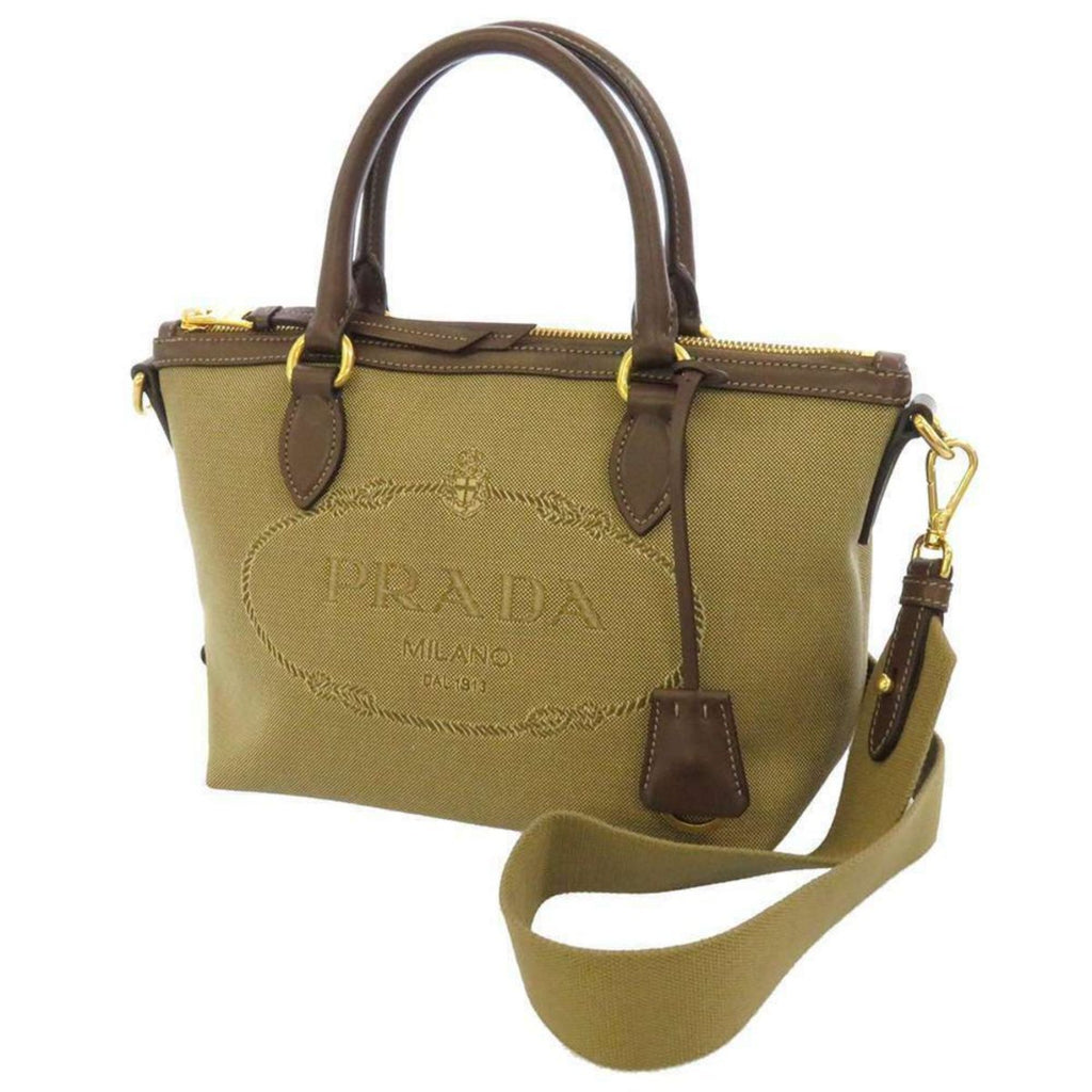 Prada Canvas Jacquard Logo Brown Leather Trim Small Satchel 1BA111 at_Queen_Bee_of_Beverly_Hills