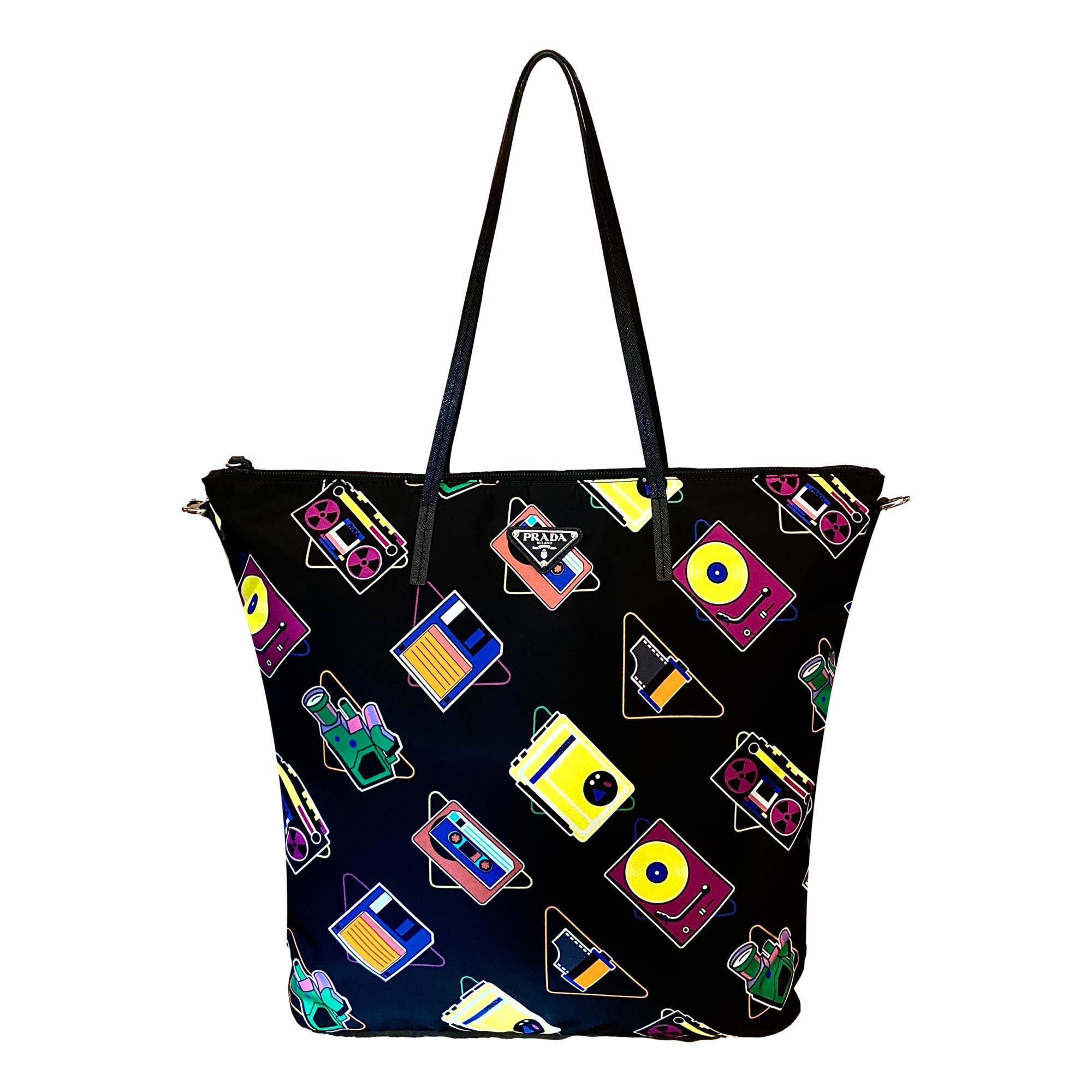 Prada Cassette Print Black Nylon Convertible Shopping Tote Handbag available at Queen Bee of Beverly Hills