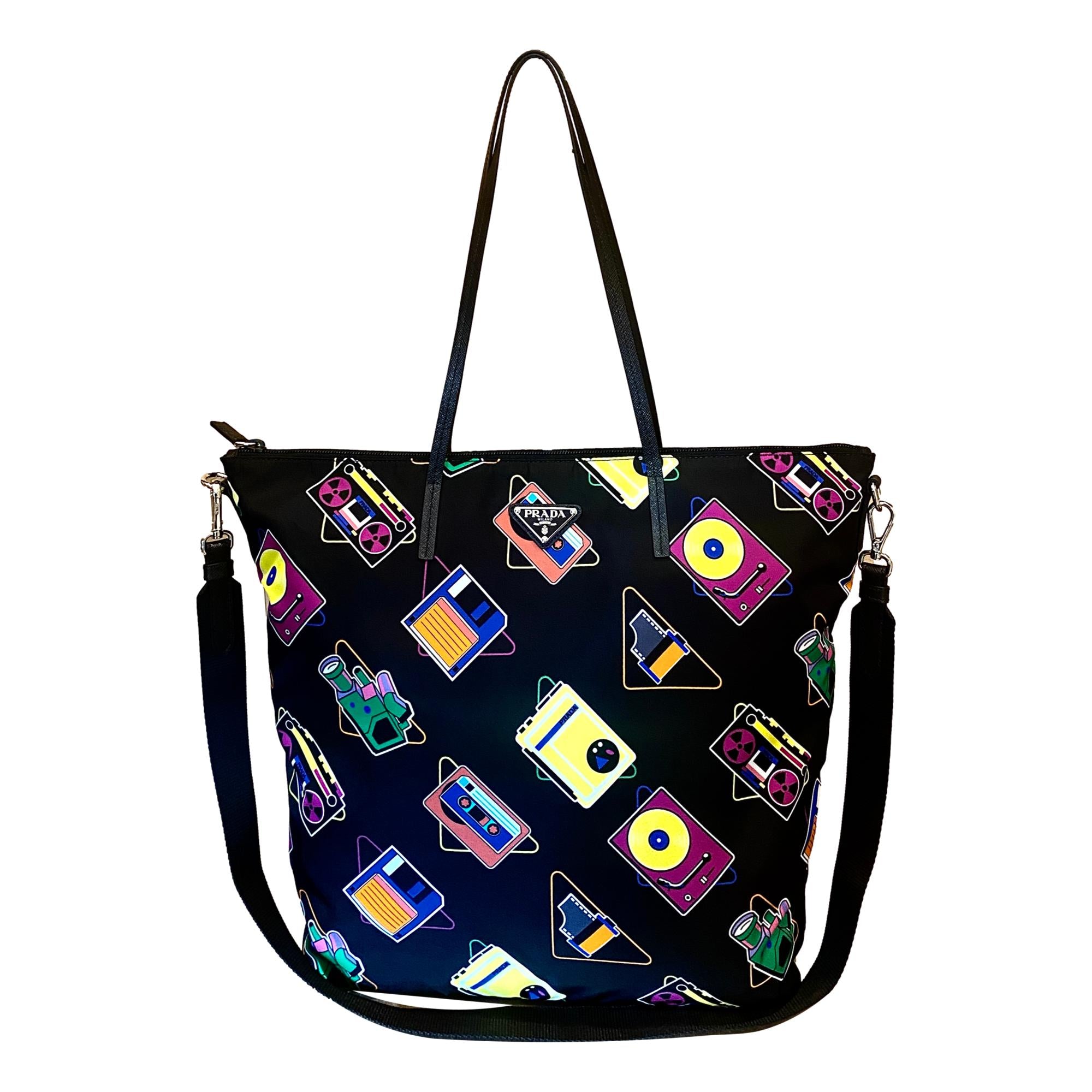 Prada Cassette Print Black Nylon Convertible Shopping Tote Handbag available at Queen Bee of Beverly Hills