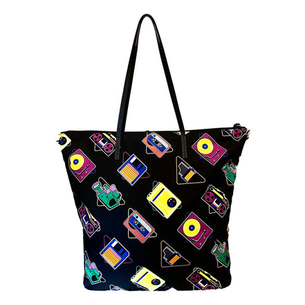 Prada Cassette Print Black Nylon Convertible Shopping Tote Handbag available at Queen Bee of Beverly Hills