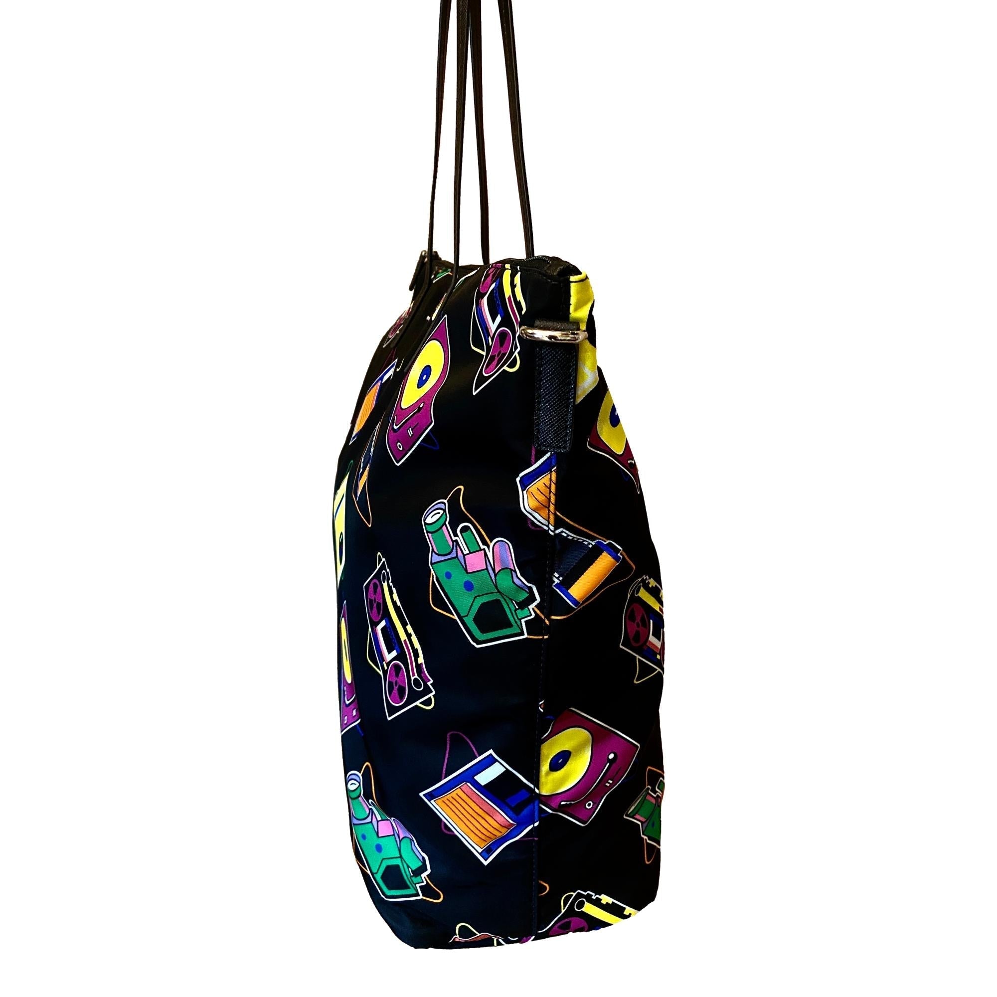Prada Cassette Print Black Nylon Convertible Shopping Tote Handbag available at Queen Bee of Beverly Hills