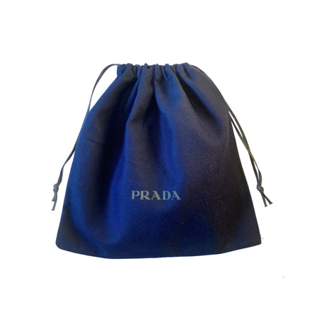 Prada Dust Bag Cover Drawstring Navy Blue Logo Flannel Velour Fabric Medium available at Queen Bee of Beverly Hills