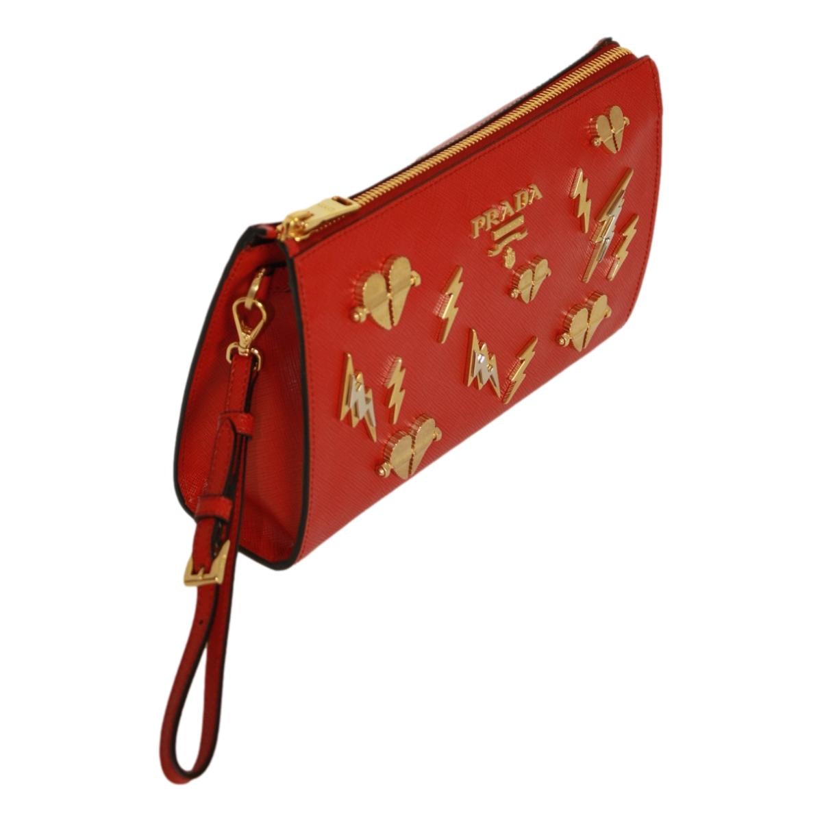 Prada Fuoco Red Saffiano Leather Gold Hearts Pouch Wristlet Bag 1NE007 at_Queen_Bee_of_Beverly_Hills