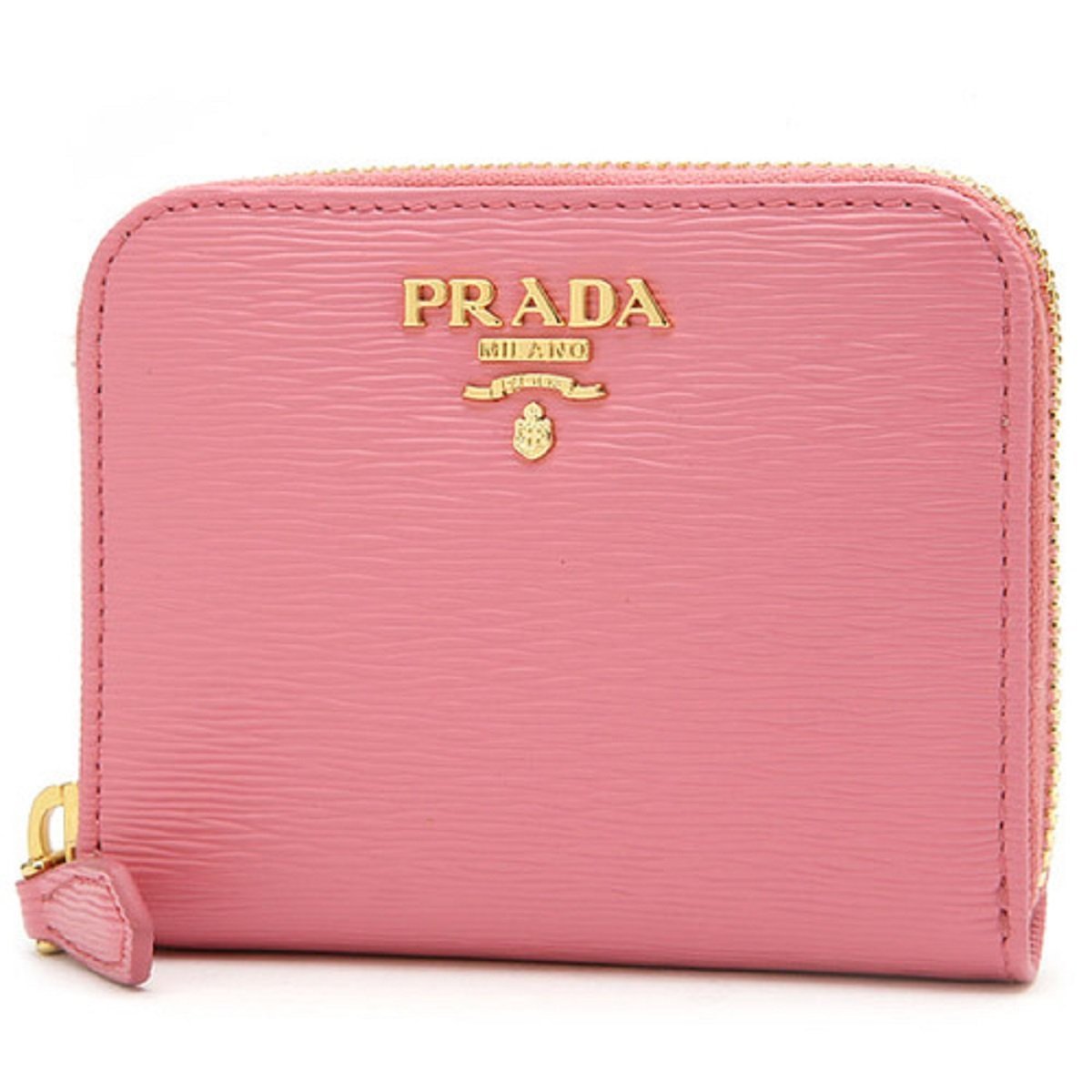 Prada Geranio Pink Saffiano Leather Gold Zip Coin Purse Wallet 1MM268 at_Queen_Bee_of_Beverly_Hills