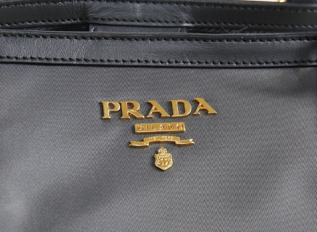Prada Gray Tessuto Nylon Calf Leather Trim Shopping Tote Bag at_Queen_Bee_of_Beverly_Hills