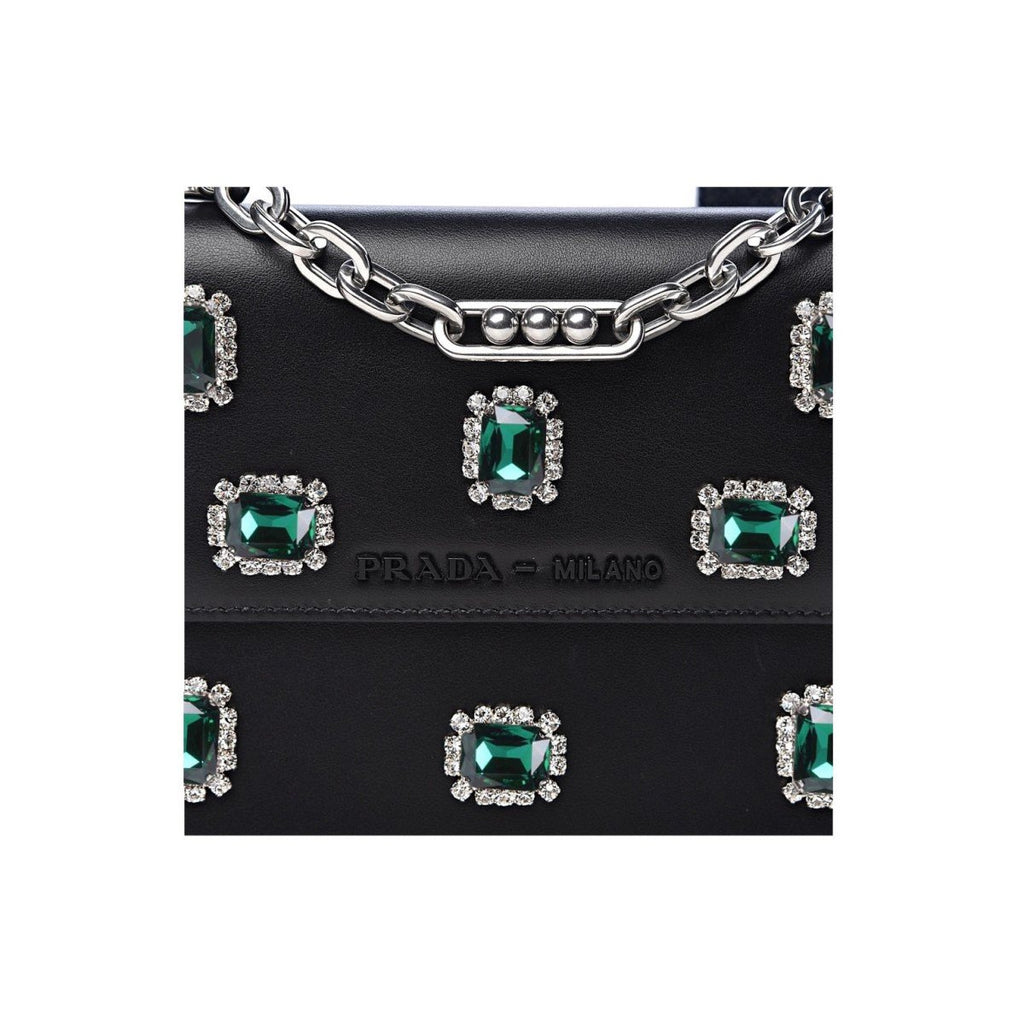 Prada Green Jewels Black City Calfskin Leather Chain Shoulder Bag 1BH101 at_Queen_Bee_of_Beverly_Hills